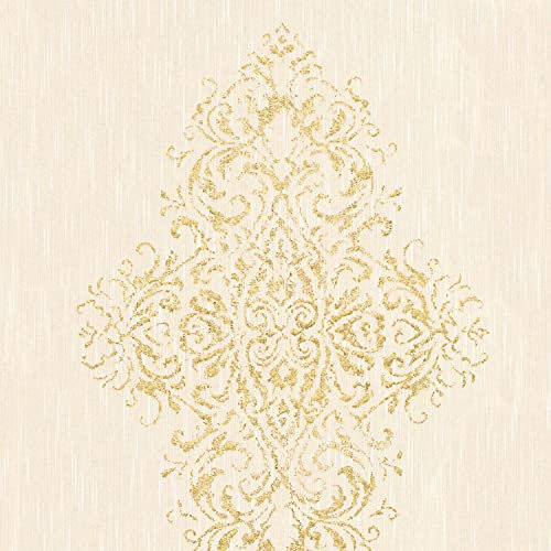 Carta da parati barocca Profhome 319452-GU Carta da parati tessile leggermente strutturata in stile barocco opaca crema oro 5,33 m2