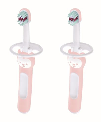MAM Baby's Brush Set C149 - Set mit zwei Zahnbürsten mit kurzem Griff und Sicherheitsring, für Babys ab 6 Monaten, Rosa, 2 Stück