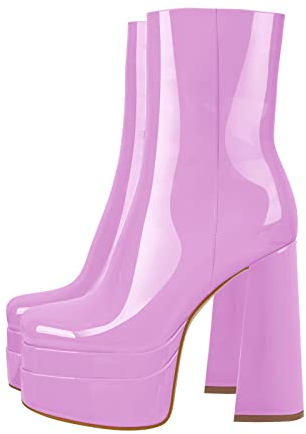 Only maker Stiefeletten für Damen mit Plateau Blockabsatz Stretch Ankle Boots Fashion Booties Lackoptik Pink 46 EU