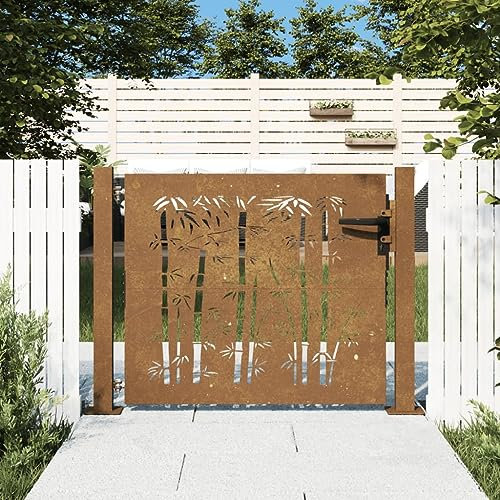 Homgoday Garden Gate, Metal Gate, Garden Door, Fence Door, Garden Gate, Yard Gate, Entrance Gate, Single Gate, Double Gate, Garden Fence, Gate, 105 x 105 cm, Corten Steel, Bamboo Design