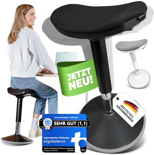 ergobalance Sitzhocker mit Innovativer Sitzfläche | Ergonomischer Hocker [3 in 1] Bürohocker Sattelhocker Stehhocker | Höhenverstellbar rutschfest | Jetzt Farbe wählen (schwarz)