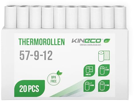 Kineco Ec-Cash Kassenrollen 57mm x 9m x 12mm - Thermorollen, Thermopapier, Bonrollen für Bankomat - Kredit-Kartenlesegeräte (57x30x12) - mit SEPA-Lastschrifttext (20 Rollen)