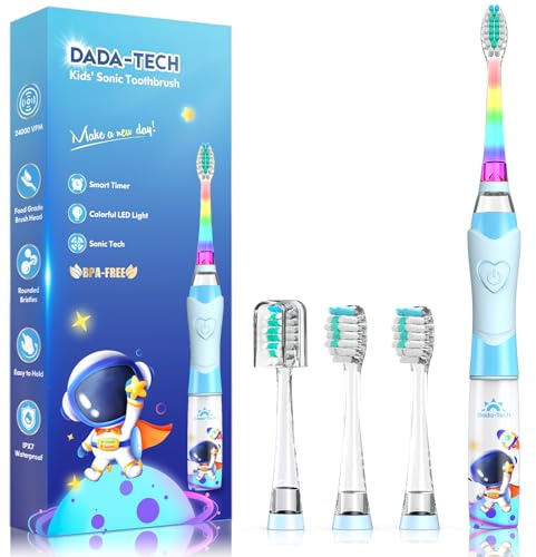Cepillo de Dientes Eléctrico para Niños de 2-4-8-12 Años con Temporizador Luz LED Arco Iris Funciona con Batería y Vibra (Niño Astronauta Azul)
