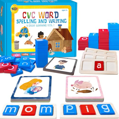 154 Piezas Juego de Ortografía de Palabras CVC de Madera, Flashcards de Ortografía de Vocales Cortas, Flashcards de Palabras Visuales, Juguetes Educativos Tempranos Montessori para Preescolar