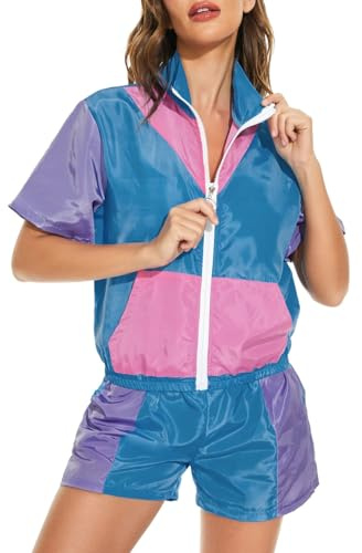 NaLatia Survêtement de sport des années 80 pour femme - Rétro - Manches courtes - Veste et short - Coloré - Hip-Hop Disco - Tenue des années 80 et 90