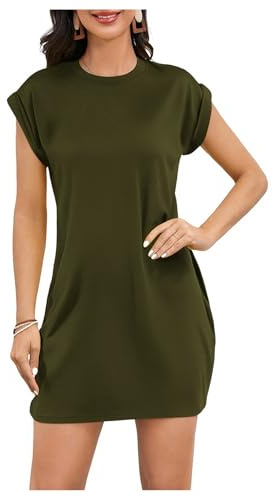 GORGLITTER Women's Short Sleeve Mini Tunic Shirt Dresses Crewneck Loose Short Dress with Pockets Plain Army Green Medium
