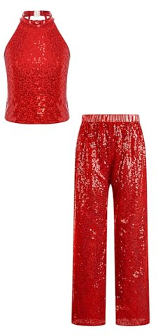 Agoky 2 Pezzi Tuta da Danza Bambina Lucido con Paillettes Completo Sportivo Canotta Crop Top e Pantaloni Tuta da Ginnastica Artistica Abito da Ballo Jazz Hip Hop Rosso 13-14 anni