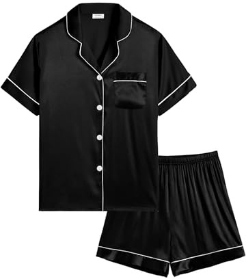 SWOMOG Girls Silk Pyjamas Short Sleeve Button-Down Sleepwear Kids 2pc Satin PJ Sets Print Pyjama Black 10-11 Years