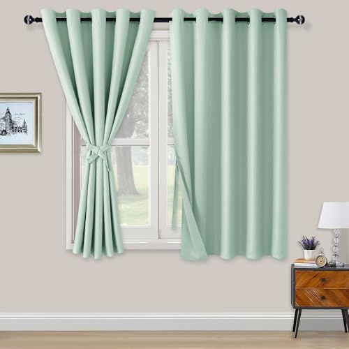 XWZO Blackout Curtains Shades Window Curtain Panels with Tiebacks- Noise Reduction and Thermal Insulated Eyelet Curtains for Bedroom,Living Room,Office,Study Room Bean Green W66xL54