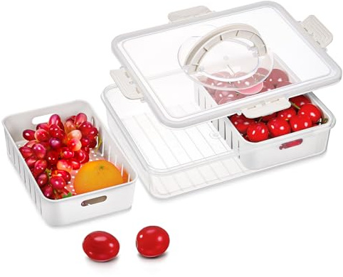 Hejo Fridge Fruit Storage Containers with Lids, Large-capacity Salad Fresh Containers, Drainable Fresh Fruit Container with 2 Removable Colander, Airtight Food Containers for Snacks,Salads,Vegetables