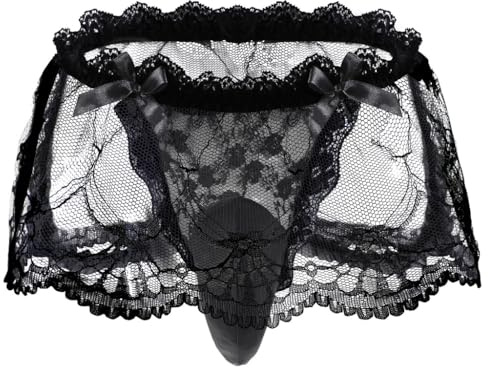 Sniff Rose Men's Lace Sissy Pouch Panties Sexy Sheer Lingerie Femboy Low Rise Bow Underwear with Jockstrap Men Lingerie Briefs Skirts (UK, Alpha, One Size, Regular, Regular, Black)