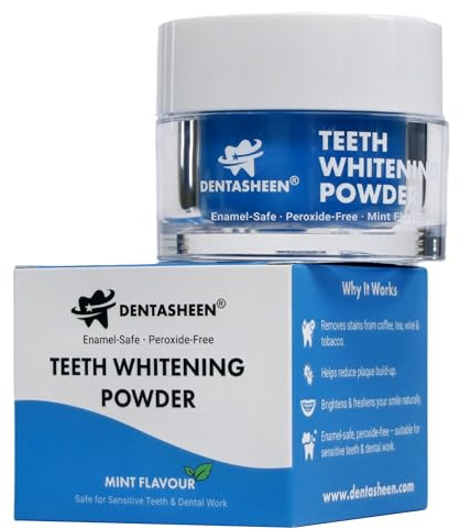 Dentasheen Teeth Whitening Powder – Dentist-Approved Tooth Whitener – Enamel-Safe, Peroxide-Free & Sensitivity-Free – Removes Coffee, Tea, Wine & Smoking Stains – Fresh Mint – 6 Month Supply