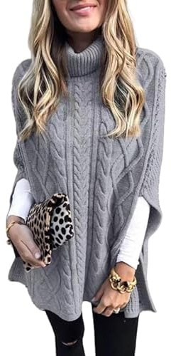 LIUYUYOUGO Mujer Invierno Poncho Suéter Largo De Punto Tipo Capa Para Mujer Cuello Vuelto Plegado Talla Grande Holgado Vintage Grueso De Punto Con Cable Elegante Para Superponer Capas Gris Claro Xl