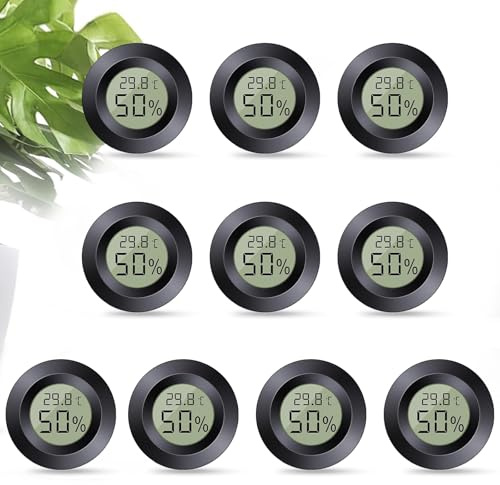 Mini Termometro Igrometro Digitale, ℃/℉ Regolabile, Igrometro da Interno, Nero, 10pcs, da Appoggio, per Casa, Scuola, Cantina, Serra, Seminterrato, Magazzino (10, Rotondo)