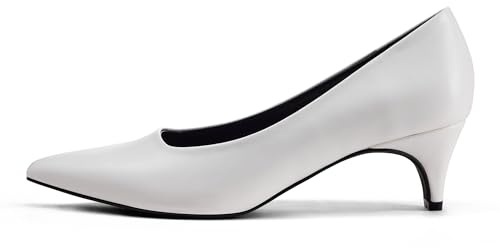 GENSHUO Zapatos de Mujer Tacón Kitten 5cm Punta Fina Slip On Cómodos Low Heel Elegantes Oficina Trabajo Boda Diario, Blanco Mate, 36 EU