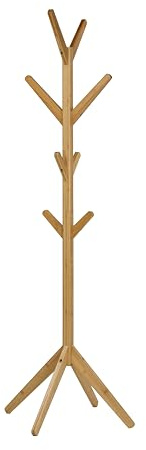 BRINDEK Perchero de pie de bambú natural tratado 175 cm | 8 ganchos a distintas alturas | Perchero de piso estable para abrigos, bolsos y sombreros | Diseño atemporal para entrada o dormitorio