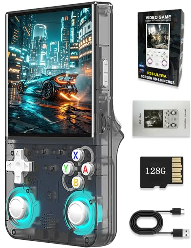 La nuova console di gioco portatile R36 Ultra con schermo IPS da 4 pollici, scheda integrata da 128 GB e 30.000 giochi, supporto del sistema Linux, Wi-Fi e Bluetooth. (nero, 128 G)
