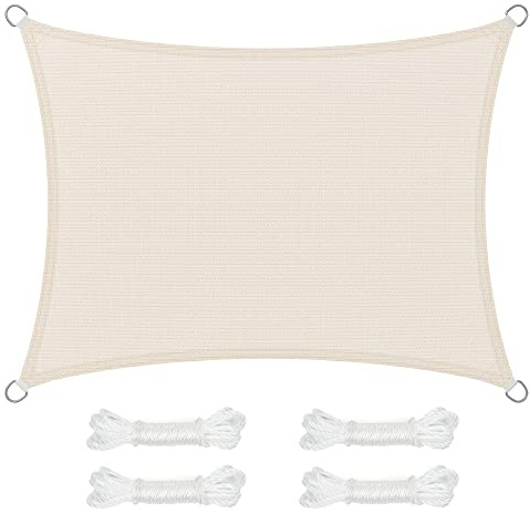 SONGMICS Sonnensegel 3 x 4 m, Sonnenschutz aus HDPE-Gewebe, luftdurchlässig, wasserdurchlässig, für Terrasse, Garten, Balkon, Camping, rechteckig, konkav, 2 m Seile, beige GSS34IVV1