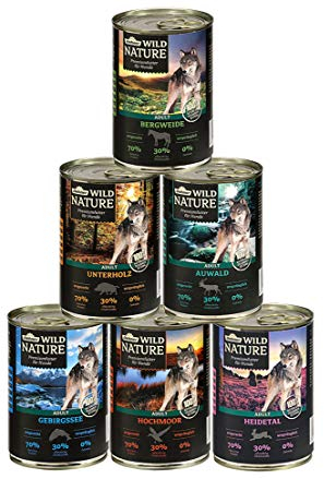 Dehner Wild Nature Hundefutter Probier-Set, Nassfutter getreidefrei / zuckerfrei, für ausgewachsene Hunde, Ente / Pferd / Wild / Kaninchen, 6 x 400 g Dose (2.4 kg)