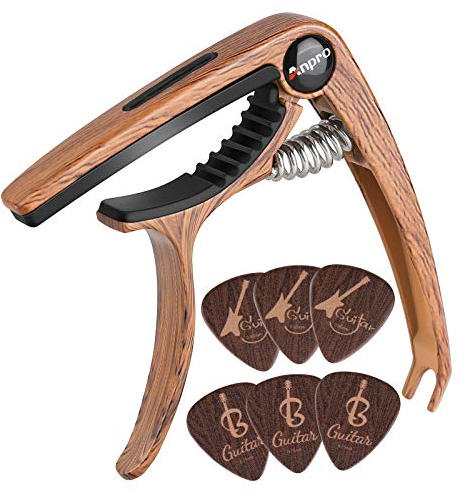 Anpro Gitarre Kapodaster Guitar Capo Guitar Capo mit 6 Plektrum Plektron Picks für Akustik- und E-Gitarre, Ukulele, Mandoline und Banjo, Holzfarbe
