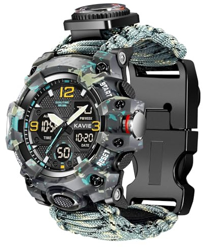 23-in-1 Survival Military Digital Watch, Mens Tactical Multi-Functional and Adjustable Wristband Outdoors Waterproof Sports Dual Dial Watches with Compass Paracord Band, Gray Yellow Camouflage,