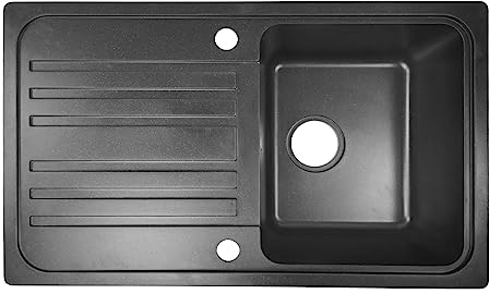 Aquamarin® Évier en Granit - avec 1 Bac et Égouttoir, Kit de Vidange et Robinet, 76x46cm / 57x45cm, à Encastrer ou Sous Plan - Équipement Cuisine