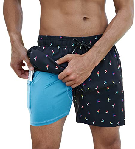Arcweg Costume da Bagno per Uomo e Ragazzo, con Fodera a Compressione, 2 in 1, ad Asciugatura Rapida, da Spiaggia, da Uomo, Elastico, con Tasche con Cerniera, Pappagallo., L