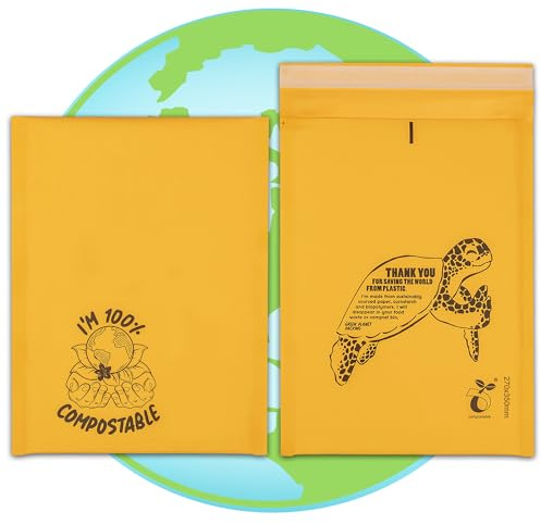 GREEN PLANET PACKING Compostable Padded Envelopes A4, A5, A6, Bubble Mailers Eco Friendly Bubble Wrap Envelope, 10pk Gold (14cm x 17.5cm)