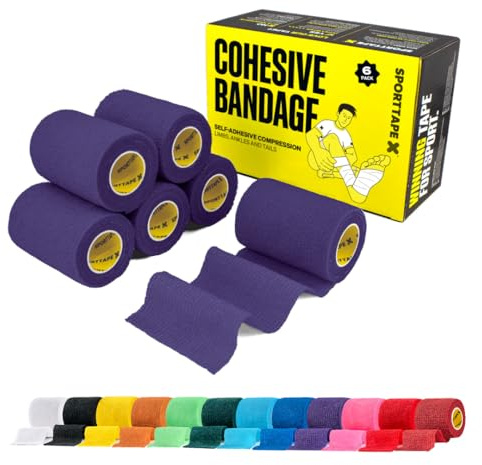 SPORTTAPE 6 Rolls Self-Adhesive Cohesive Bandage, 7.5cm x 4.5m, Purple | Compression & Vet Wrap for Dogs, Horses, Sports Stretch Tape for Football, Ankles, Joints, Fingers, Wrists & Sock Tape
