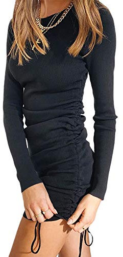 YILEEGOO Women Bodycon Ruched Mini Dress Long Sleeve Side Drawstring Stretchy Casual Ribbed Knit Party Club Dress (Black, S)