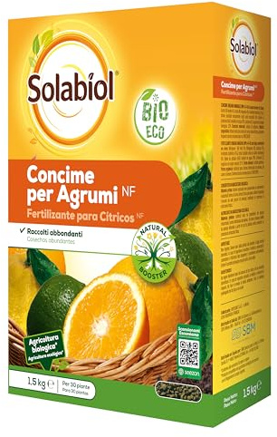 Solabiol Concime Biologico Granulare Agrumi con Tecnologia Natural Booster per favorire lo sviluppo dell’apparato radicale e avere fino al 50% di raccolto in più. 1,5Kg