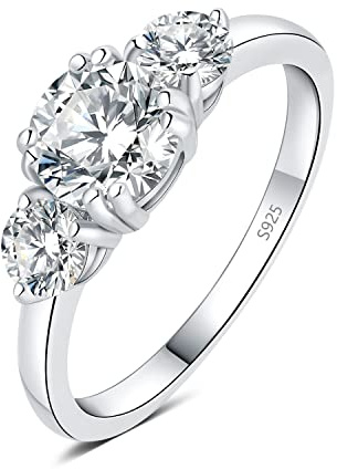 JewelryPalace Classic GRA 3 Stones 1ct Moissanite Engagement Rings for Women, 925 Sterling Silver Promise Ring for Her, Round Cut Simulated Diamond Anniversary Wedding Rings VVS D-F Size 6.5