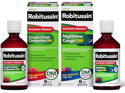 Robitussin DM Max Cough Plus Chest Congestion and Robitussin Maximum Strength Nighttime Cough DM, Adult Formulas - 2 x 8 Fl Oz Bottles