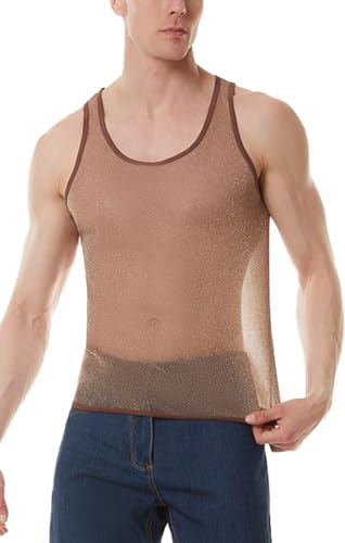 FEOYA Men’s Transparent Tank Lace Mesh Shiny Tank Top Stretchy See Through Club Party Tank Shirts Sheer Sleeveless Muscle Undershirts Brown US Size L