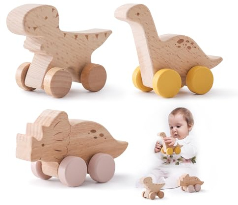 Wooden Dinosaur Cars Montessori Toys for Babies Baby Push Car Toys Wooden Toy Vehicles Development and Infant Grasping Montessori Toys(3PCS)