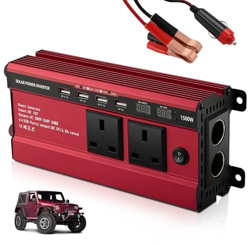 1500W Power Inverter 12V to 240V AC Car Converter, Power Inverter with 3.1A 4 USB 2 AC Sockets Dual Car Adapter, 2 LED Display, for Travel Camping RV Motorhomes Boat, Red