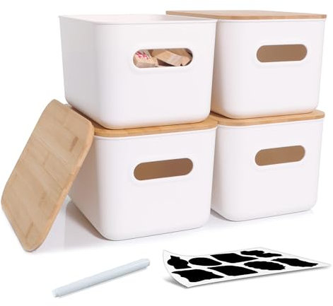 Citylife 4Pack 6.5L Storage Box with Wood Lid, Plastic Storage Containers for Bathroom, Stackable Organizing Box with Handle for Shelves, Kitchen, White, 25.7 x 17.7 x 15.5 cm