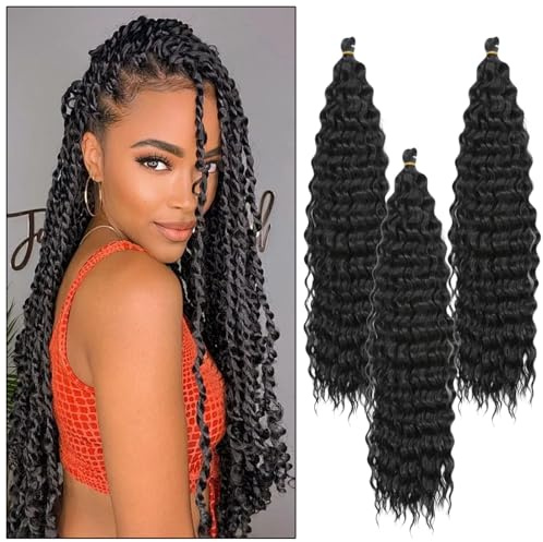 3 Packs 22 Zoll Schwarz Kunsthaar zum Einflechten Dreadlocks Extension Deep Wave, Pre Stretched Crochet Hair für French Curls Braiding Hair Passion Twist Hair, Faux Locs Crochet Frauen Mädchen