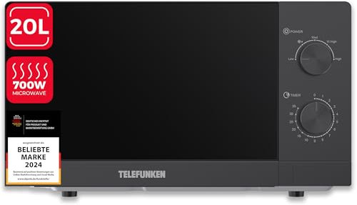 Telefunken Mikrowelle Solo | Mikrowellengerät klein mit 20 Liter Garraum | 700 W Leistung | 5 Leistungsstufen mit Auftaufunktion | kompakte Microwave mit Drehteller | Timer | schwarz | B-MW-20-G-B