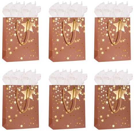 6 Pack Medium Gift Bags for Present,Brown Paper Bag with Handles Tissue Paper Gift Tags for Men Women Birthday Wedding Party Christmas Father's Day and Any Occation (Brown)