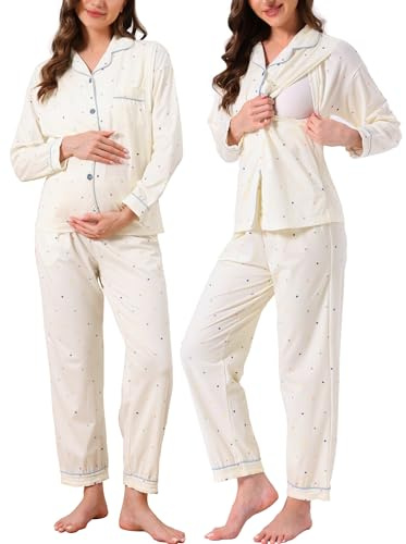 cheibear Womens Nursing Postpartum Sleepwear Breastfeeding Button Down Loungewear Maternity Pajama Sets Apricot XL