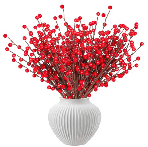 Breeze Touch 20 Pack Artificial Red Berry Stems,12.5inches Red Berry Picks Faux Holly Berry Branches for Christmas Tree Decorations, Holiday Home Decor and Wedding DIY Crafts