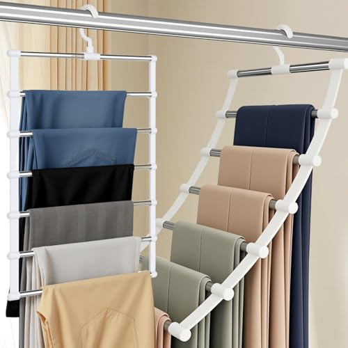 Holtrae 2 Stück Hosenbügel Platzsparend,6-Lagiger Faltbarer Hosenständer aus Metall,platzsparend im Kleiderschrank,Gürtel Organizer,Handtuch Aufhänger,für Hosen,Jeans,Schals,Krawatten,Laken