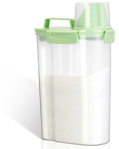 VINATO Boîte de Stockage, 2,5L Hermétique avec Bec Verseur, Conteneur pour Lessive en Poudre, Échelle de Mesure Integrée, Nourriture pour Chien/Chat, Échelle de Mesure Integrée, Semi-transparent