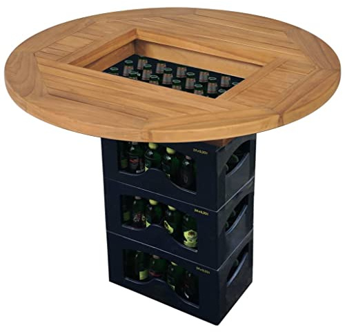 QUAHEAS Table de coffre à bière en teck 70 cm, plateau de table rond en bois massif, pour caisses à bière, design peu encombrant, résistant aux intempéries, jardin, camping, balcon, meubles de