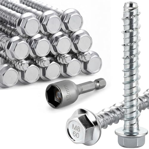 20 viti per calcestruzzo senza tasselli, M8 x 60 mm, viti per calcestruzzo a testa esagonale, zincate con rondella, viti di collegamento esagonali per muratura, calcestruzzo, architettura