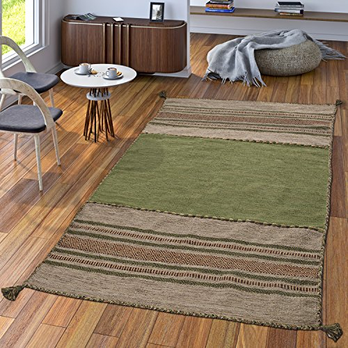 TT Home Handwebteppich Wohnzimmer Natur Webteppich Kelim Modern Baumwolle Streifen Grün, Größe:200x290 cm