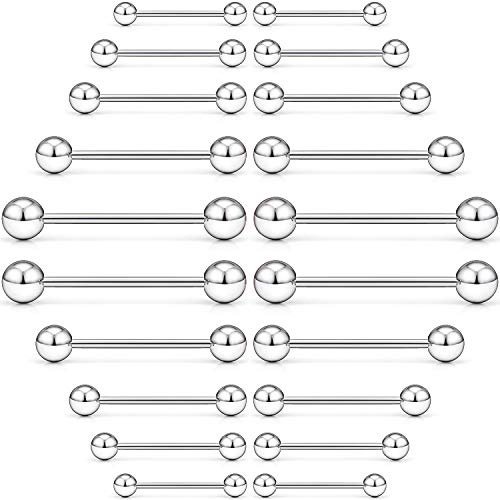 SCERRING 20PCS 14G Stainless Steel Externally Threaded Nipple Tongue Industrial Cartilage Earring Bar Barbell Rings Piercing Jewelry Retainer 12mm 14mm 16mm 19mm 22mm Silver