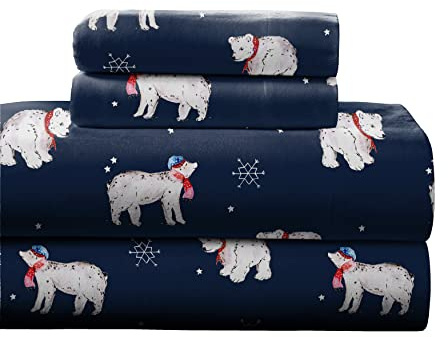Pointehaven 180 GSM bomull flanell lakanset - drottning, snöbjörn, blå (F180QNSHTSSB)