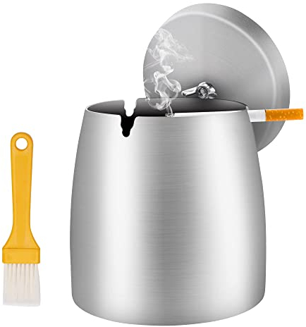 Y-home Aschenbecher für Draussen - Edelstahl Aschenbecher mit Deckel, Outdoor Windgeschützt Ashtray mit Reinigungsbürste, Groß Wind Ascher für Draußen, Sturmaschenbecher für Balkon,Garten,Home